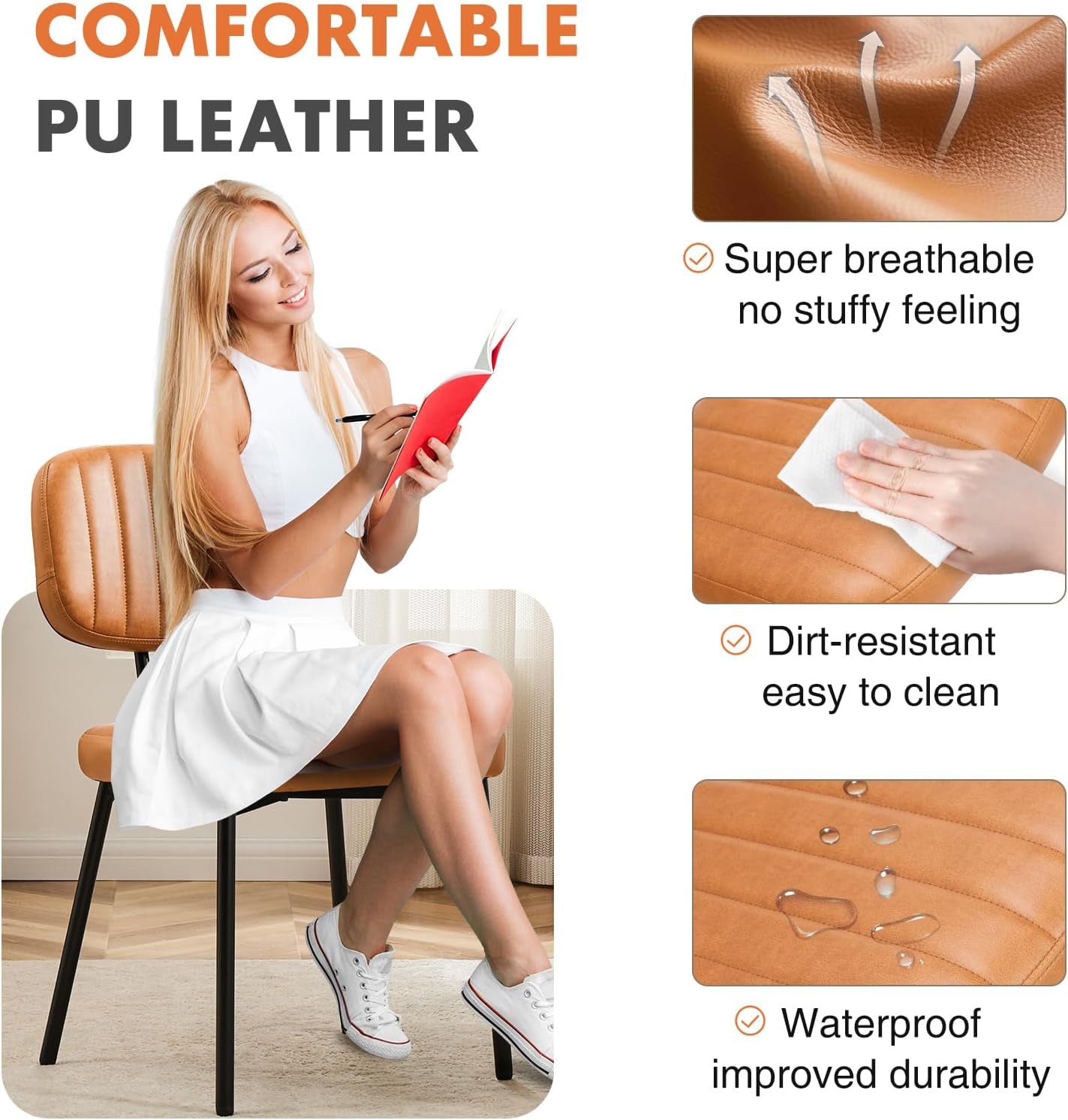 Dining Chairs Set of 4, Upholstered Mid Century Modern Kitchen Dining Room Accent Chairs with Faux Leather Cushion Seat & Metal Legs for Kitchen, Living Room - Brown-3