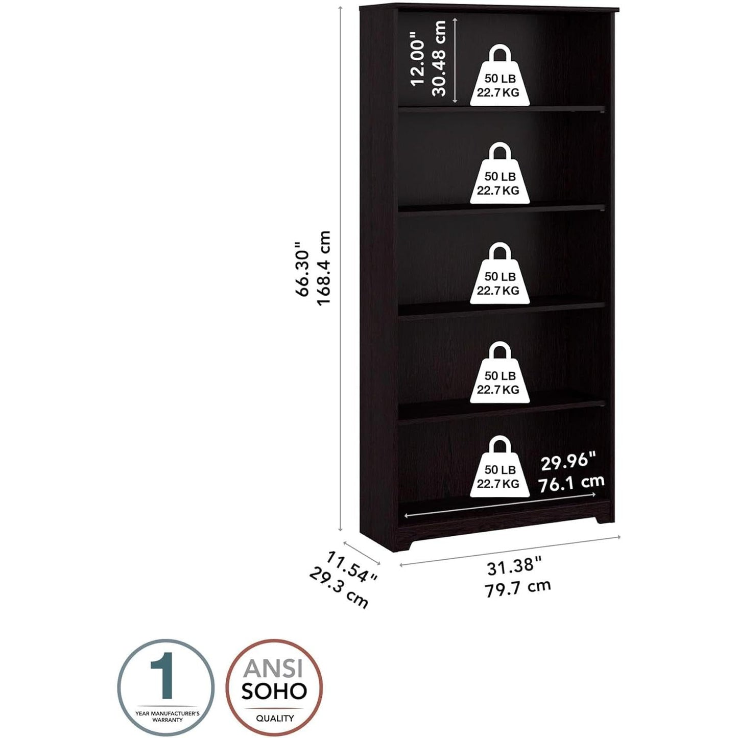 Bush Furniture Tall 5 Shelf Bookcase, Large Open Bookshelf, Sturdy Display Cabinet for Living Room or Home Office, Cabot Collection, Espresso Oak-2