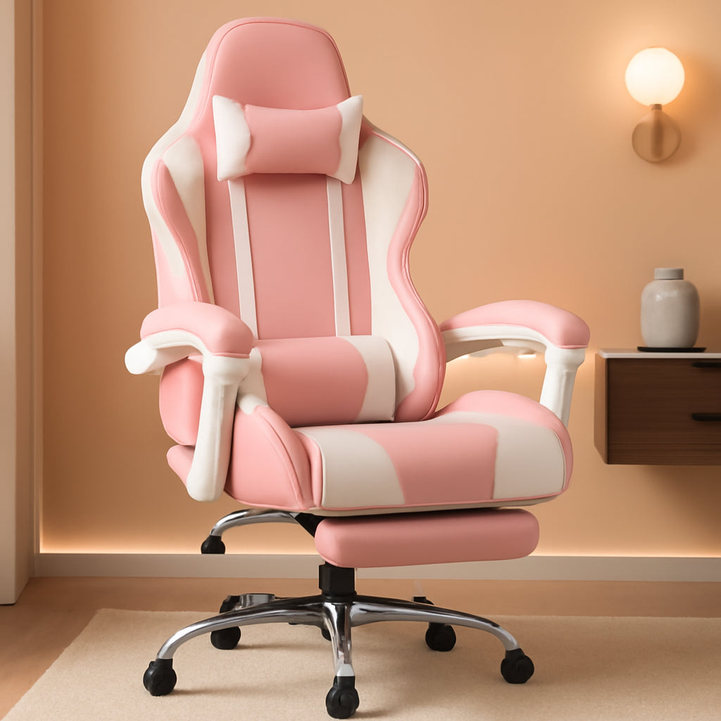 Gaming Chair, Computer Chair with Footrest and Lumbar Support, Height Adjustable Game Chair with 360°-Swivel Seat and Headrest and for Office or Gaming (Faux Leather, Pink)-0