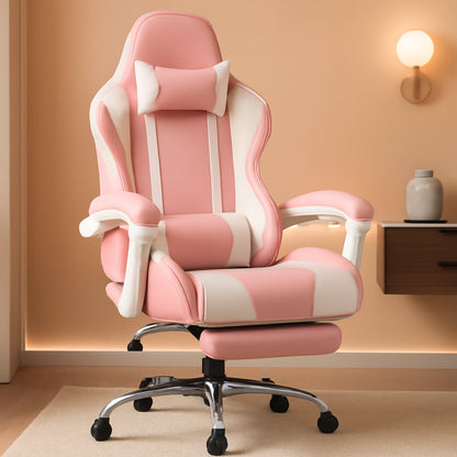 Gaming Chair, Computer Chair with Footrest and Lumbar Support, Height Adjustable Game Chair with 360°-Swivel Seat and Headrest and for Office or Gaming (Faux Leather, Pink)-0