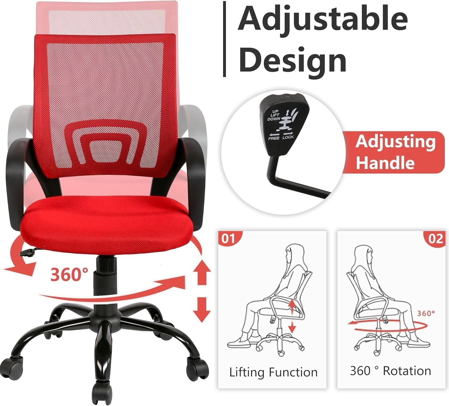 Office Chair Computer Chair Ergonomic Cheap Desk Chair Adjustable Comfortable Mid Back Task Rolling Swivel Chair with Lumbar Support for Home Office Desk (Red)-3