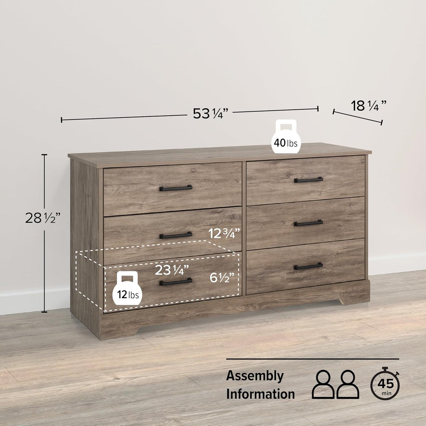Rustic Ridge Farmhouse 6-Drawer Double Dresser, Brown Dresser for Bedroom, Chest of Drawers with 6 Storage Drawers, 53.25” Wide X 18.25” Deep X 28.5” Tall, Brown-2