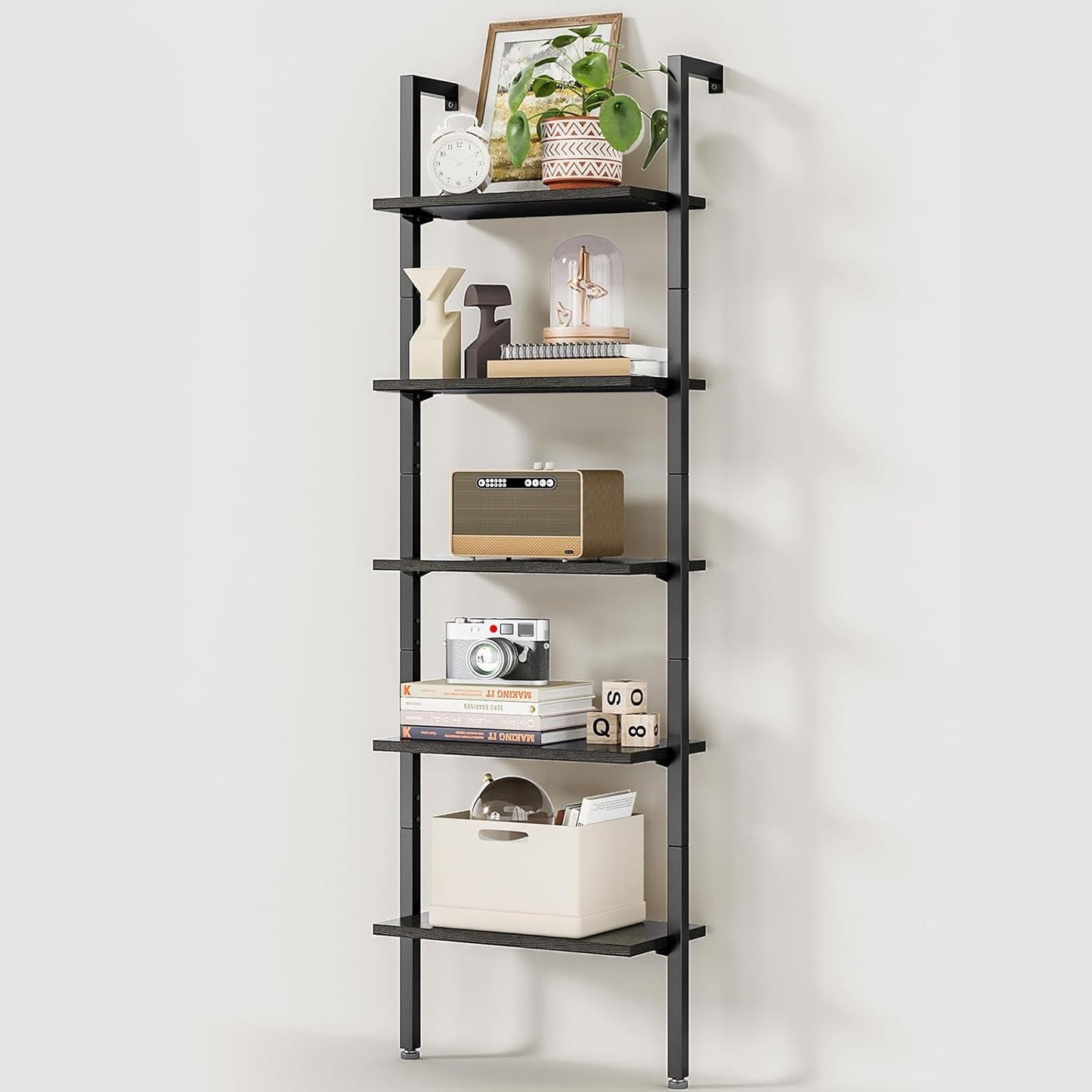 72 Inch Black 5-Tier Metal Frame Ladder Shelf-0