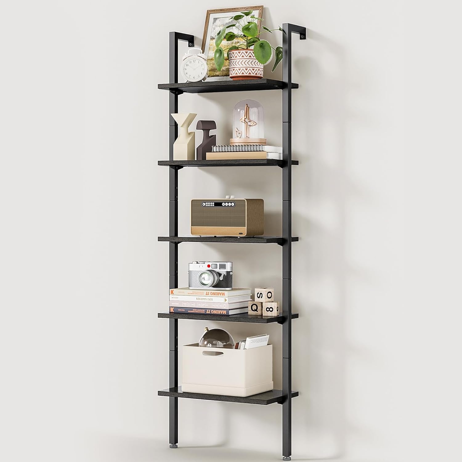 72 Inch Black 5-Tier Metal Frame Ladder Shelf-0