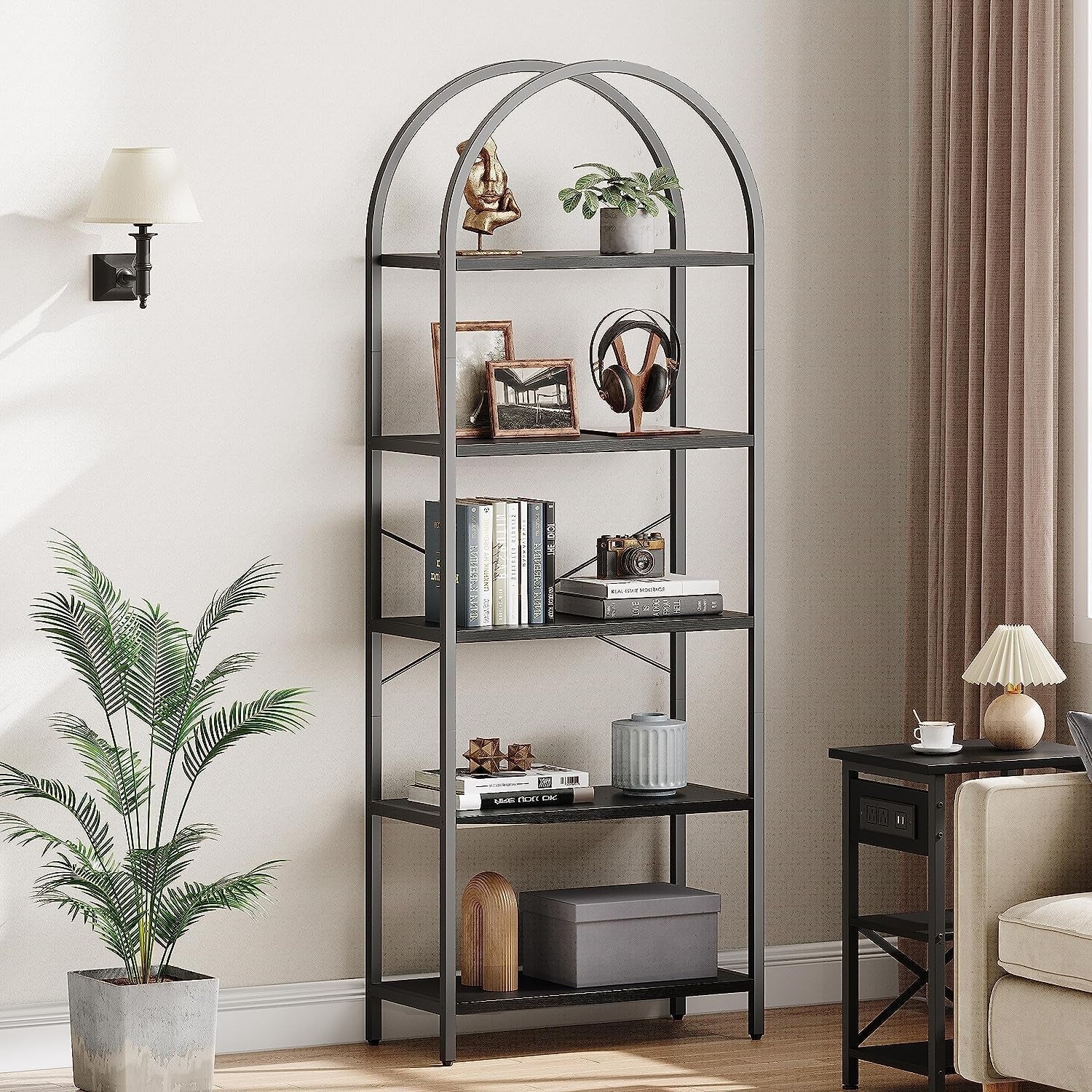 Tall Black Arched Bookcase with 5 Open Shelves-1