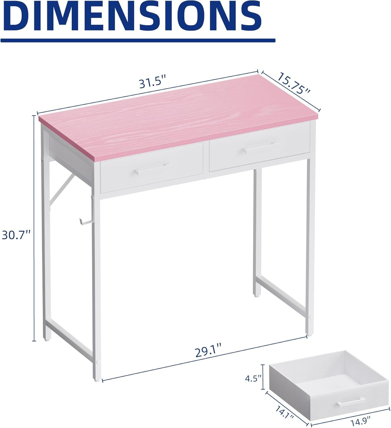 32 Inch Small Computer Desk with 2 Drawers for Bedroom Study Writing Home Office Table for Small Spaces Pink-2