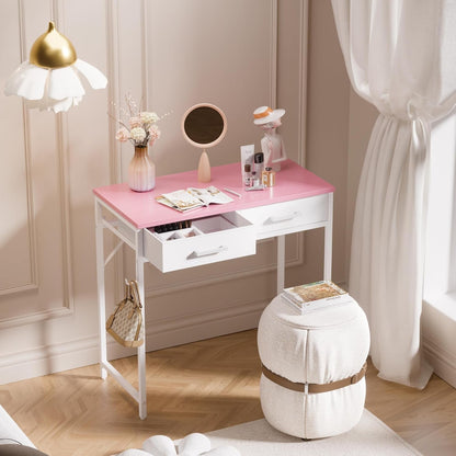 32 Inch Small Computer Desk with 2 Drawers for Bedroom Study Writing Home Office Table for Small Spaces Pink-1