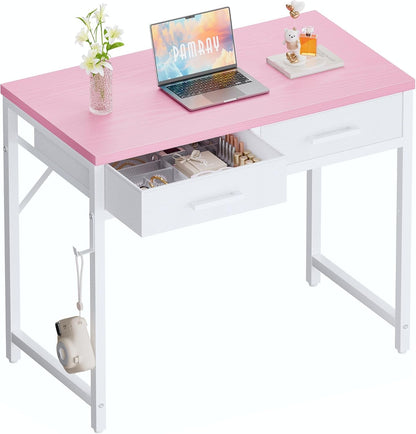 32 Inch Small Computer Desk with 2 Drawers for Bedroom Study Writing Home Office Table for Small Spaces Pink-0