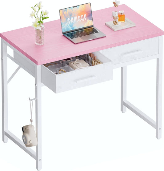 32 Inch Small Computer Desk with 2 Drawers for Bedroom Study Writing Home Office Table for Small Spaces Pink-0