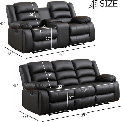 Faux Leather Manual Recliner Sofa Set, Loveseat Reclining Sofa and 3 Seat Recliner Sofa, Couch Set for Living Room, Bedroom, Meeting Room, Black(Loveseat+Sofa)-1