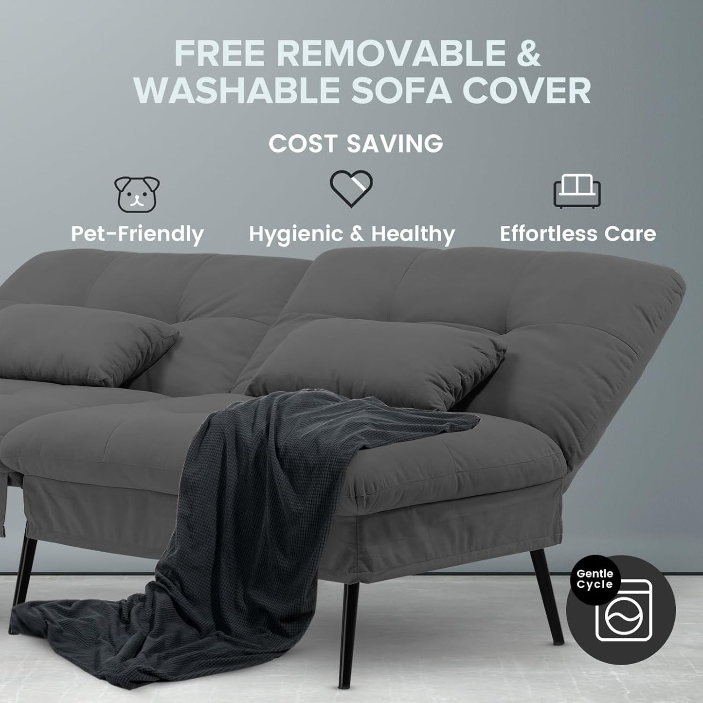 Convertible Futon Sofa Bed, 68″Fabric Futon Couch with Adjustable Backrest, Folding Futon Sleeper Recliner for Living Room Furniture (Black)-3