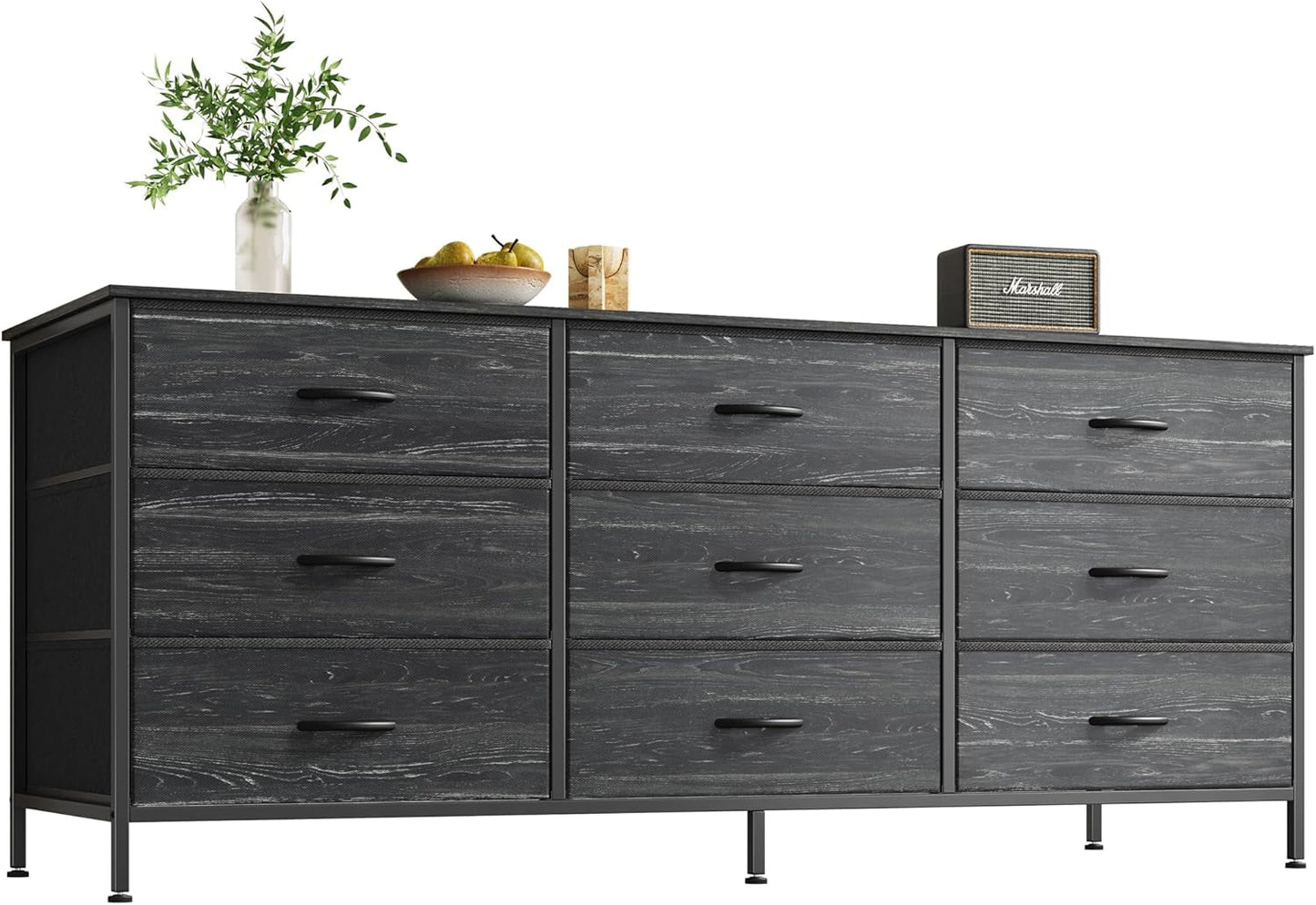 9 Drawer Dresser, 55 Inch Dresser TV Stand for 55, 60 Inch TV, Entertainment Center with Drawers, Large Storage Fabric Dresser for Bedroom, Closet, Charcoal Black Wood Grain Print-0