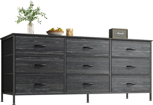 9 Drawer Dresser, 55 Inch Dresser TV Stand for 55, 60 Inch TV, Entertainment Center with Drawers, Large Storage Fabric Dresser for Bedroom, Closet, Charcoal Black Wood Grain Print-0