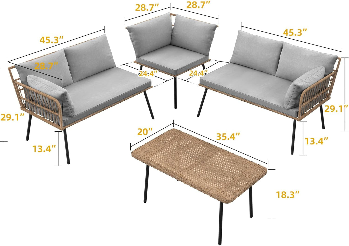 Patio Furniture Set, 4 Pieces Wicker Outdoor Conversation Set Sectional L-Shaped Sofa with 5 Seater for Backyard, Porch, Boho Detachable Lounger with Cushions and Side Table - Grey-3
