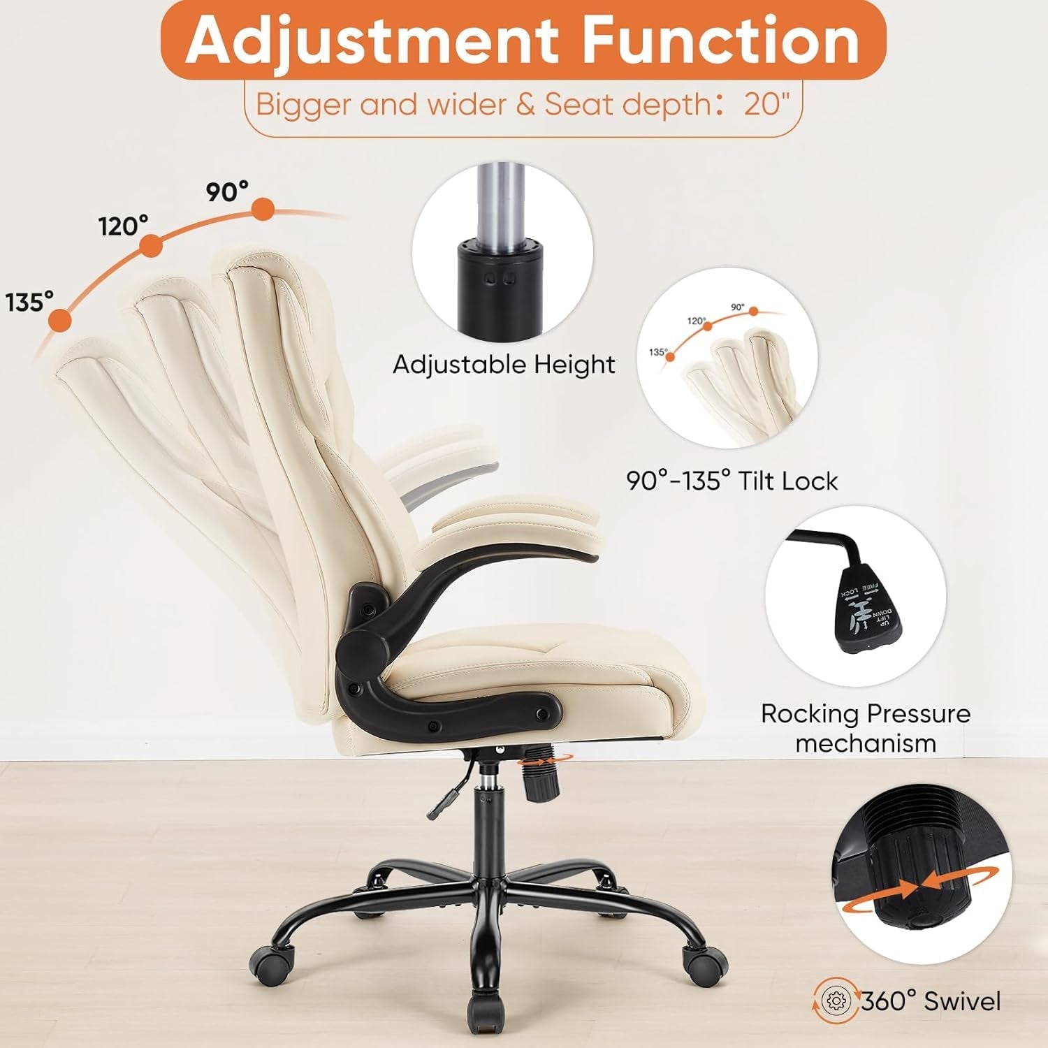 Computer Gaming Chair, Ergonomic Office Chair High Back Heavy Duty Task Desk Chair with Flip-Up Arms, PU Leather, Adjustable Swivel Rolling Chair with Wheels, Cream-3