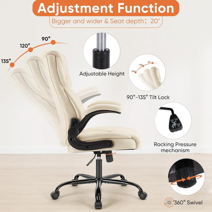 Computer Gaming Chair, Ergonomic Office Chair High Back Heavy Duty Task Desk Chair with Flip-Up Arms, PU Leather, Adjustable Swivel Rolling Chair with Wheels, Cream-3