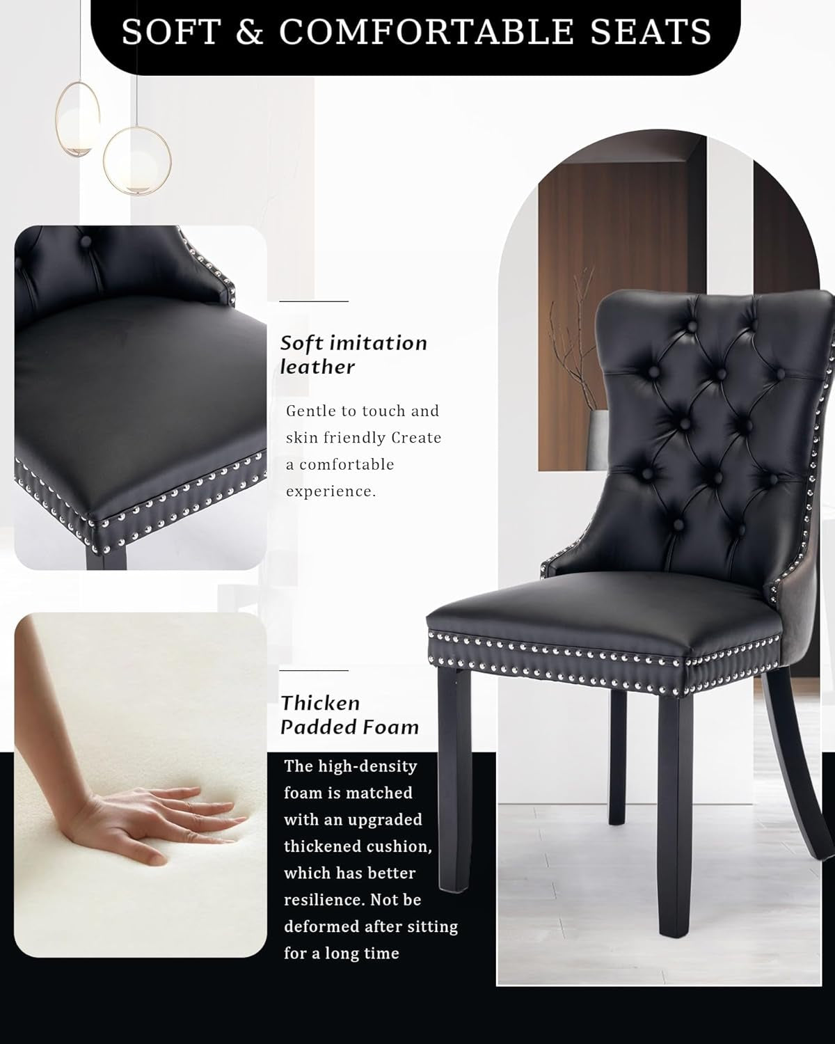 Leather Dining Chair Set of 2 Upholstered Tufted Dining Room Chair with Nailhead Trim and Solid Wood Legs for Kitchen, Restaurant, Black&Grey-2