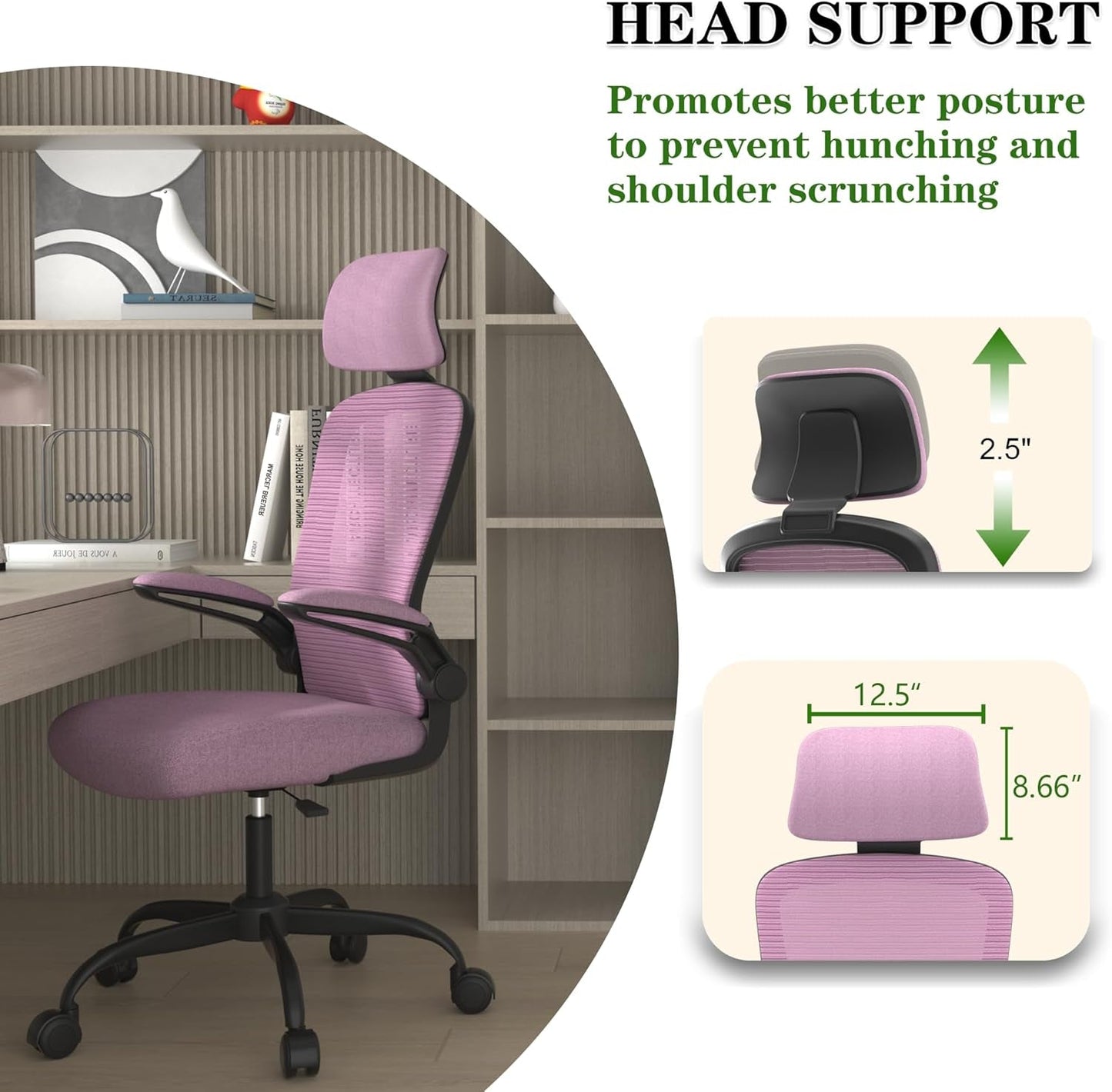 Ergonomic Mesh Office Chair, High Back Computer Desk Chair with Adjustable Lumbar Support & Headrest, Swivel Task Chair with Flip-Up Armrests for Home & Office (English, Light Purple)-3