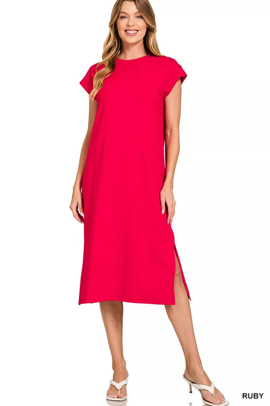 Zenana Round Neck Side Slit Midi Dress