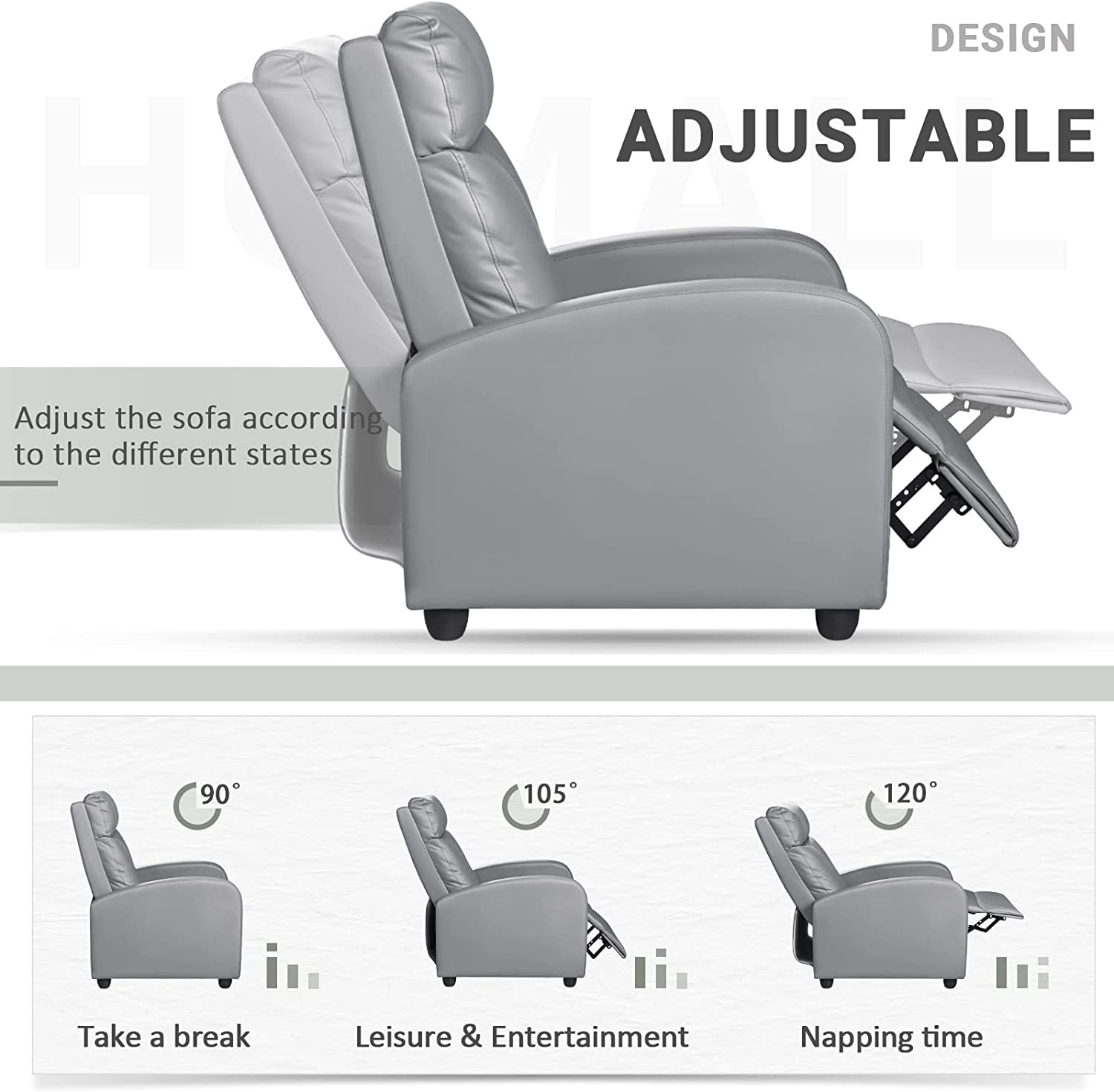 Padded Leather Recliner Club Chair (Gray)-3