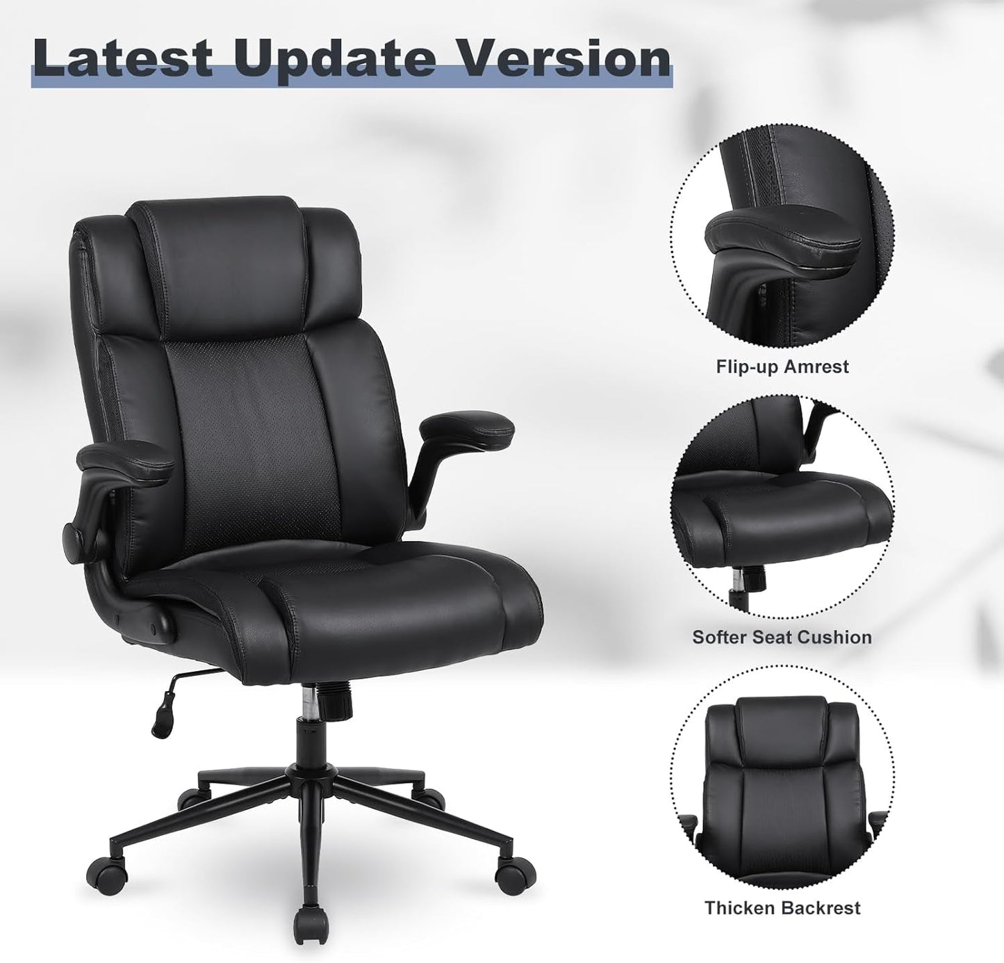 Black Leather Office Chair, Flip-Up Arms, Lumbar, Wheels-3