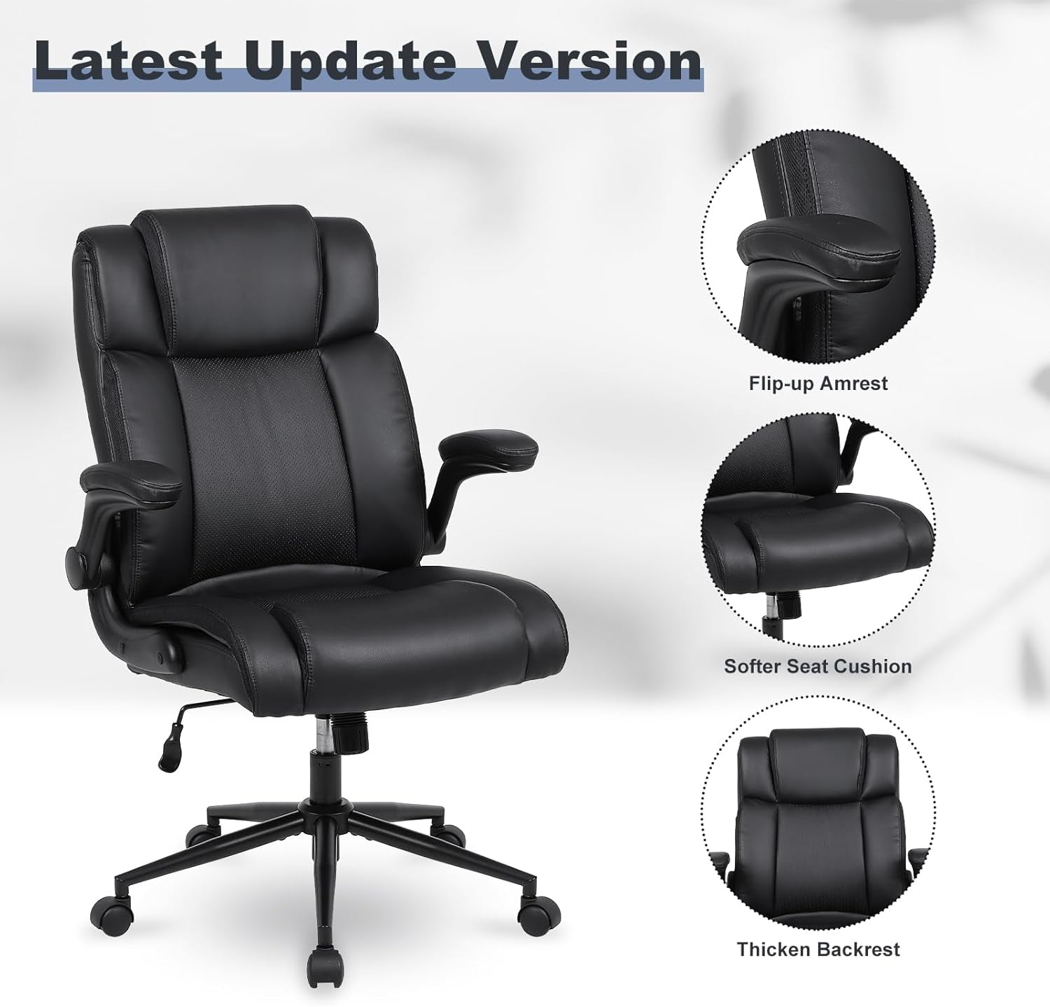 Black Leather Office Chair, Flip-Up Arms, Lumbar, Wheels-3