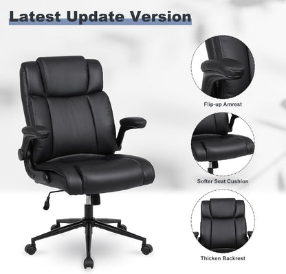 Black Leather Office Chair, Flip-Up Arms, Lumbar, Wheels-3