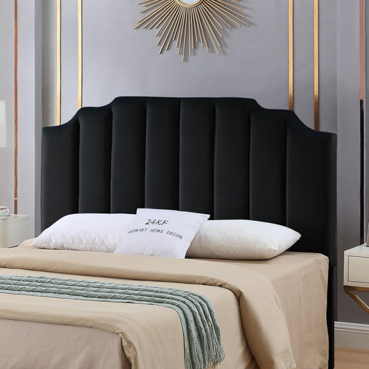 Elegant Black Velvet Tufted Queen Headboard with Curved Design-0