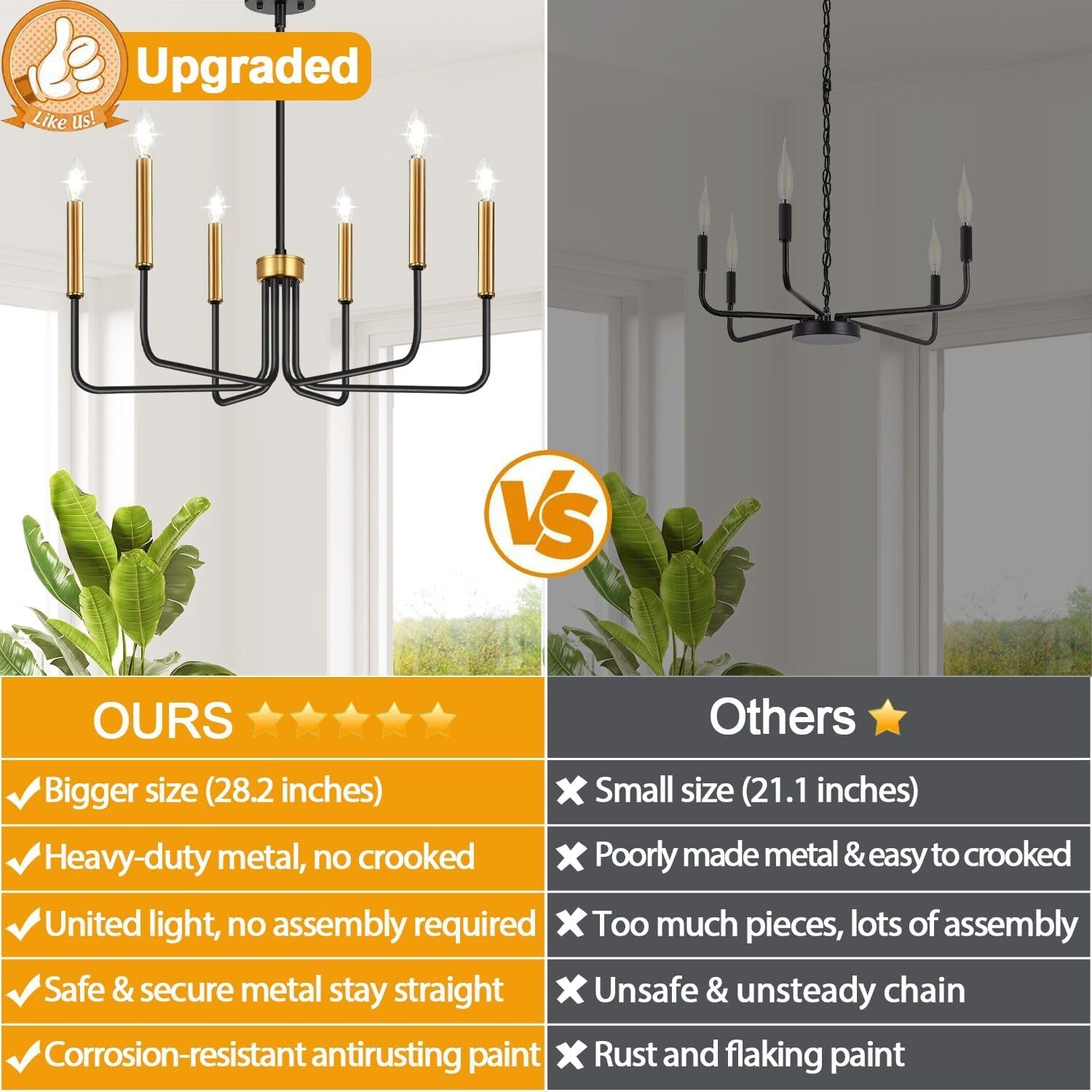 Black and Gold Chandelier, 6-Light Farmhouse Chandelier for Dining Room Lighting Fixtures Hanging, Dining Light Fixtures Industrial Modern Chandelier for Bedroom, Foyer, Living Room and Entryway-2