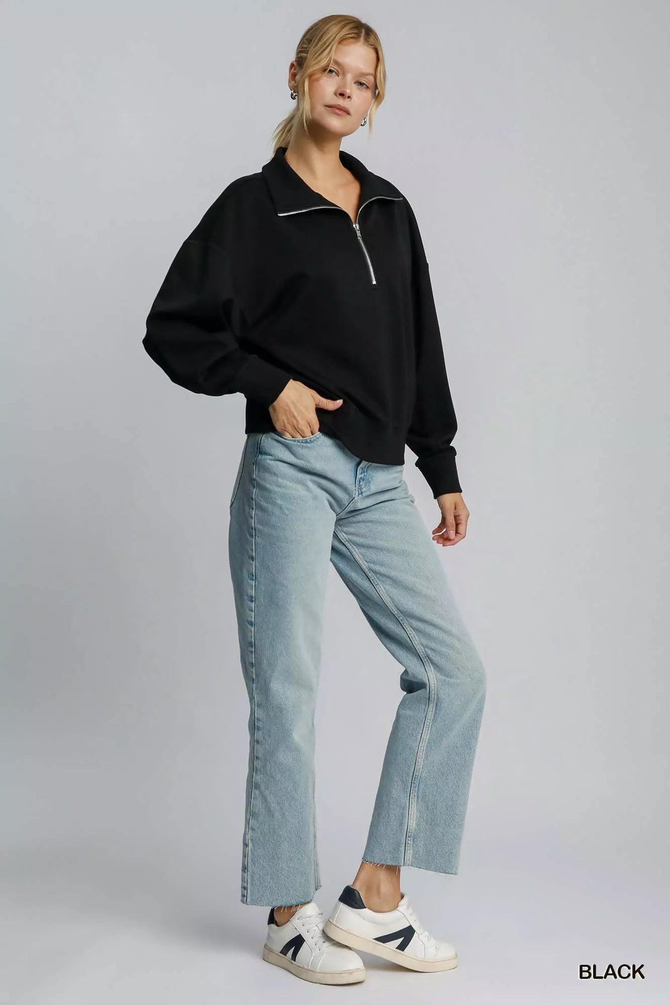Umgee Half Zip Drop Shoulder Sweatshirt