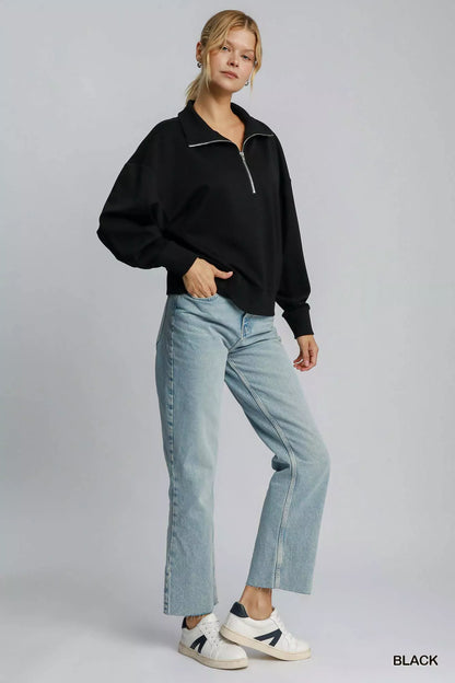 Umgee Half Zip Drop Shoulder Sweatshirt