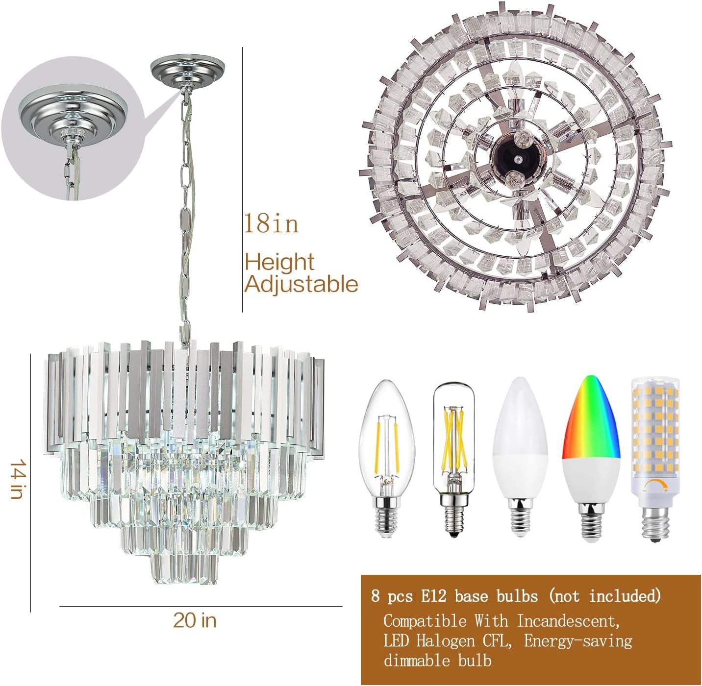 Chrome Crystal Chandelier 20 Inch 5 Tier 8 Light Pendant-1