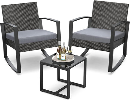 3 Pieces Patio Furniture Set Rocking Bistro Set Outdoor Rattan Conversation with Coffee Table for Garden Balcony Backyard Poolside (Grey Cushion)-0