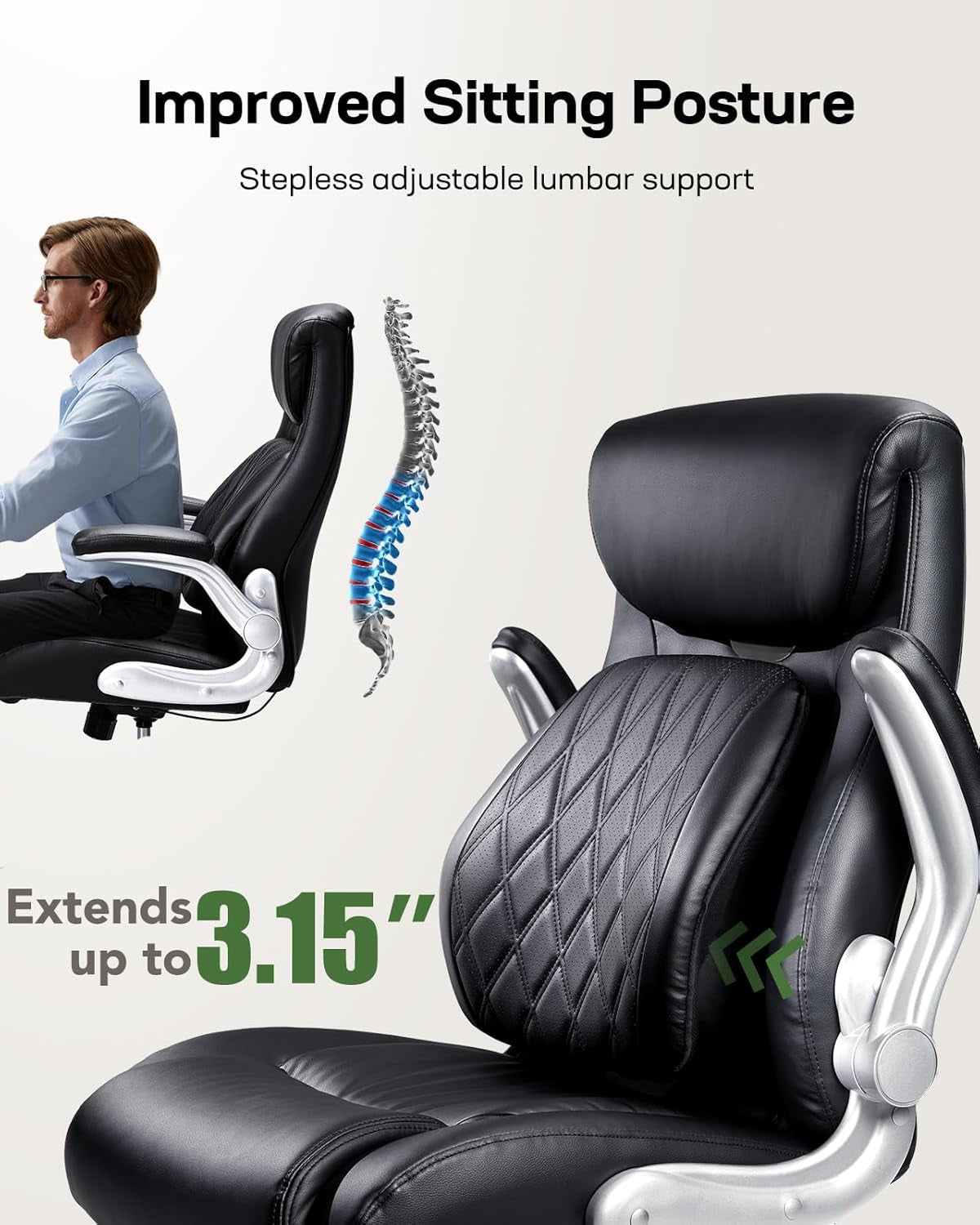 Comfortable-Office Chair with Dynamic-Lumbar Support: High Back PU Leather Executive Office Chair with Flip-Up Arms Tilt Function, Ergonomic Executive Desk Chair for Home Office Work, Black-2