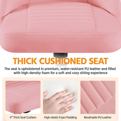 PU Leather Armless Office Chair, Mid Back Desk Chair, Computer Task Chair, Modern Vanity Chair with Rolling Wheels, Metal Base Pink-4