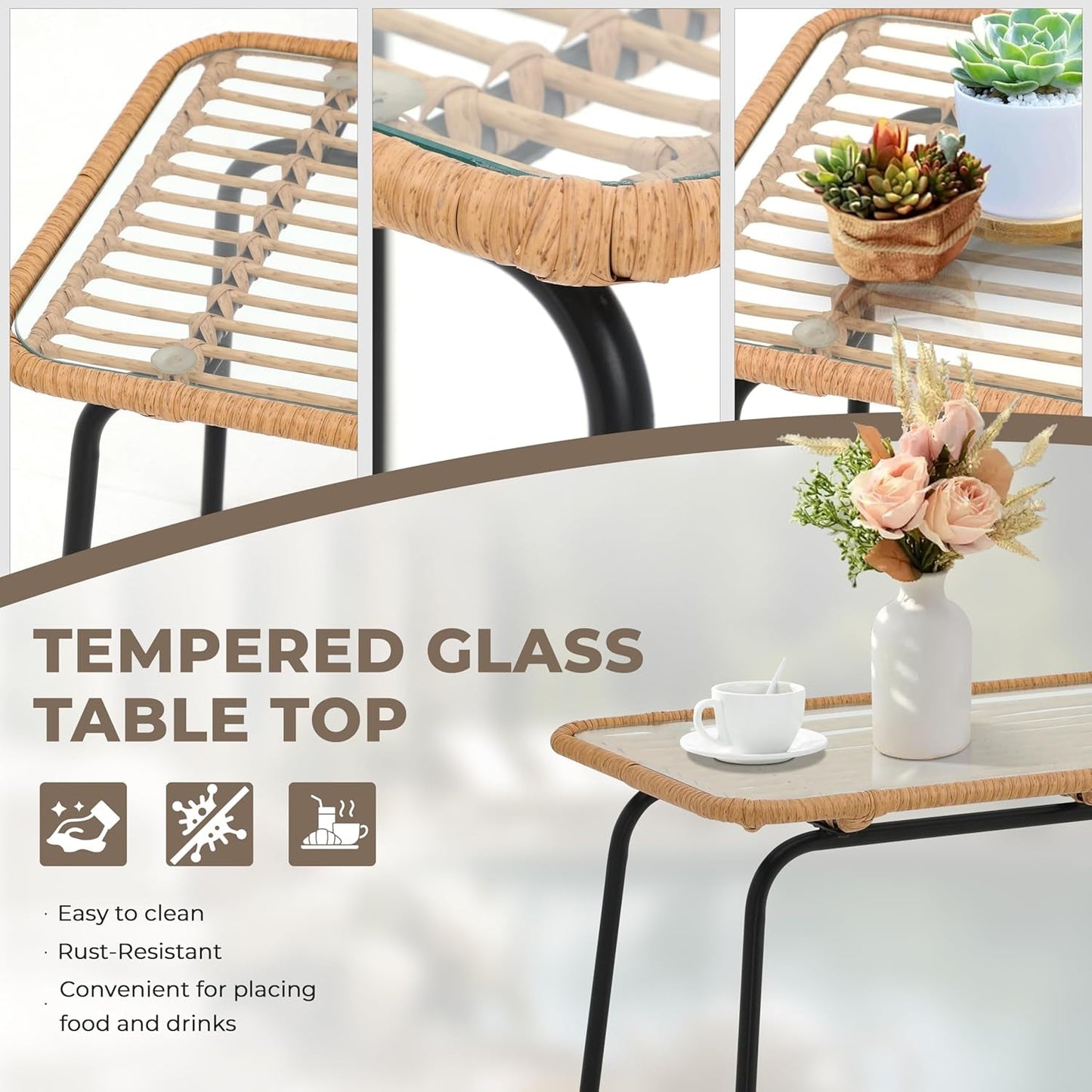 4 Piece Outdoor Patio Furniture Set, Rattan Conversation Sets, All-Weather Wicker Chairs with Cushions and Coffee Table, for Garden Balcony Courtyard Poolside-4