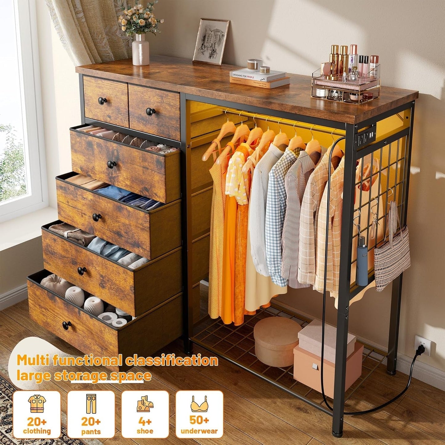 49.2" W Dresser for Bedroom with Hanging Rack 6 Drawer Dresser with LED Lights & Charging Station, Fabric Dressers & Chest of Drawer with Clothes Rack,Wooden Top,Grid Panel,Closet,Rustic Brown-2