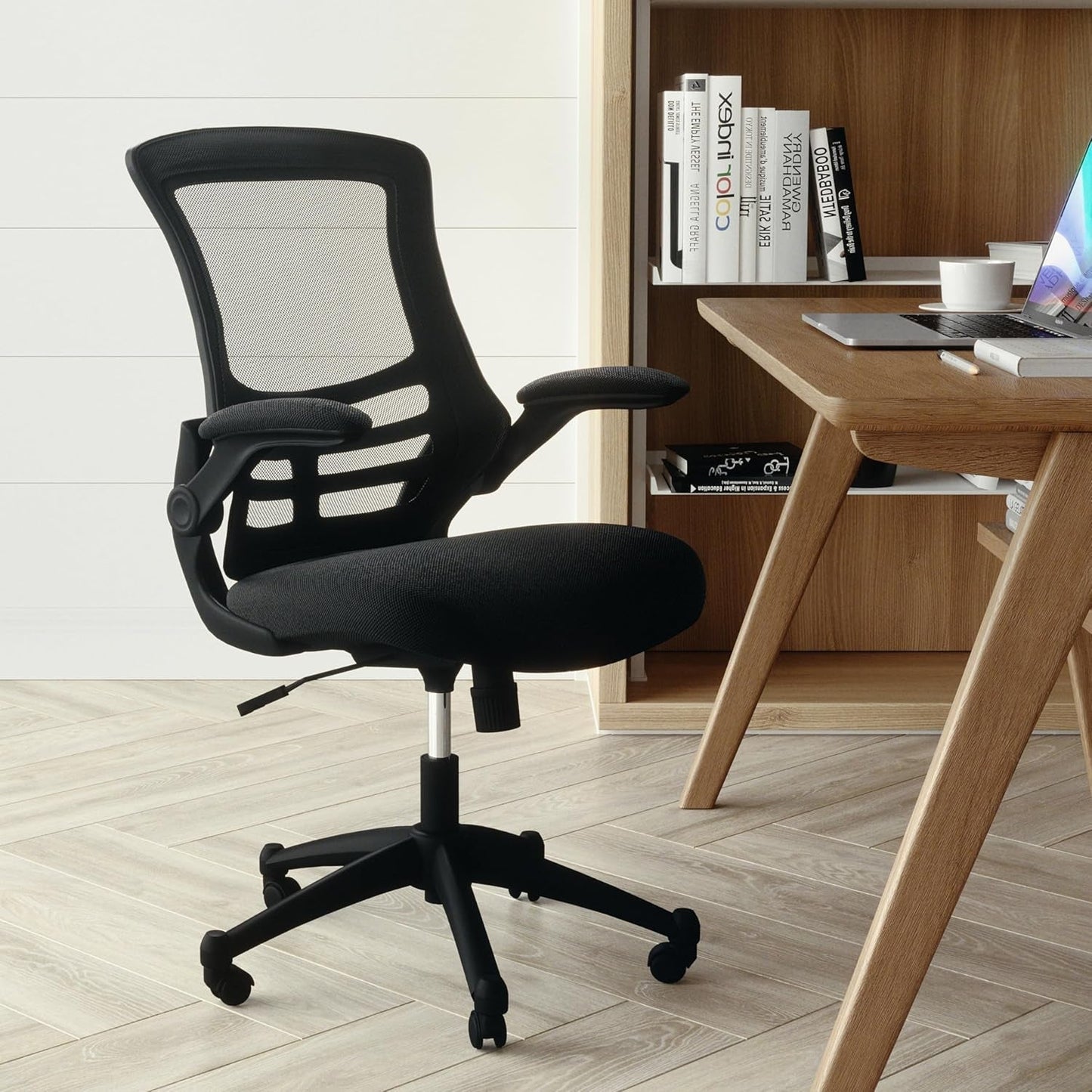Kelista Mid-Back Swivel Office Chair with Adjustable Seat Height, Ergonomic Mesh Desk Chair with Flip-Up Armrests, Black-2