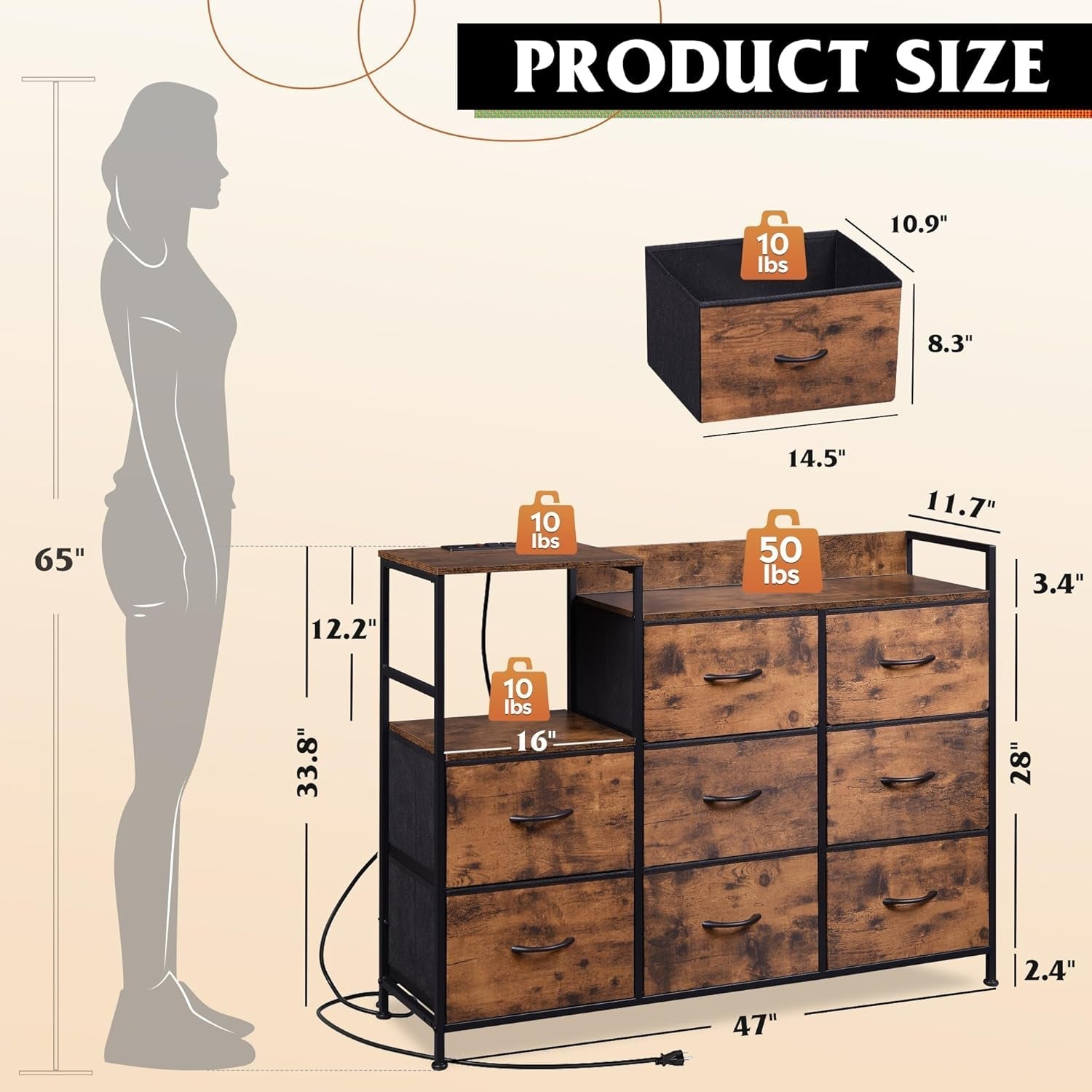 Dresser TV Stand for Bedroom with Charging Station, Wide Storage Chest of Drawers with 8 Large Fabric Drawers and Open Shelves, Storage Organizer Unit for Closet, Living Room, Rustic Brown-2
