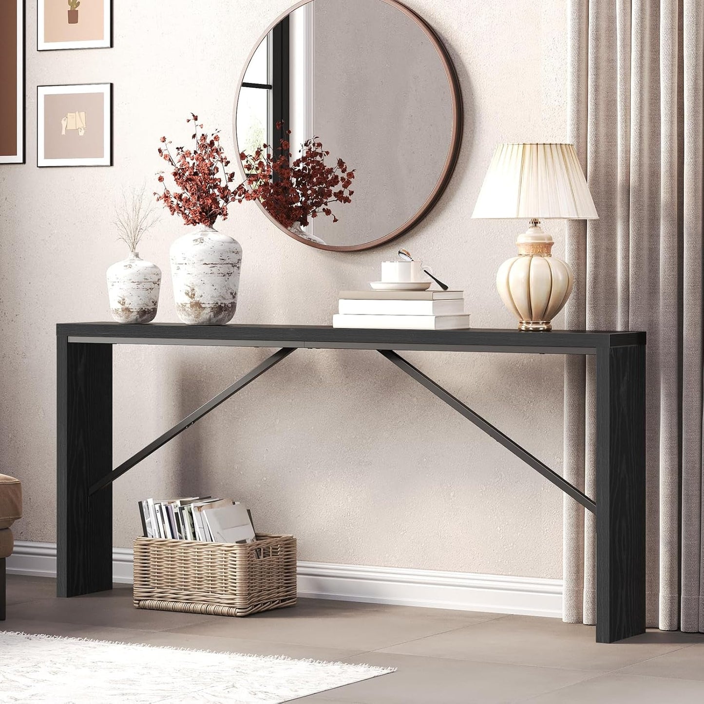 Console Table, 70.9" Long Sofa Table behind Couch, Narrow Entryway Table, Farmhouse Dining Table with Angled Metal Frame, Industrial Console Table for Entryway, Black CTHB18801-1