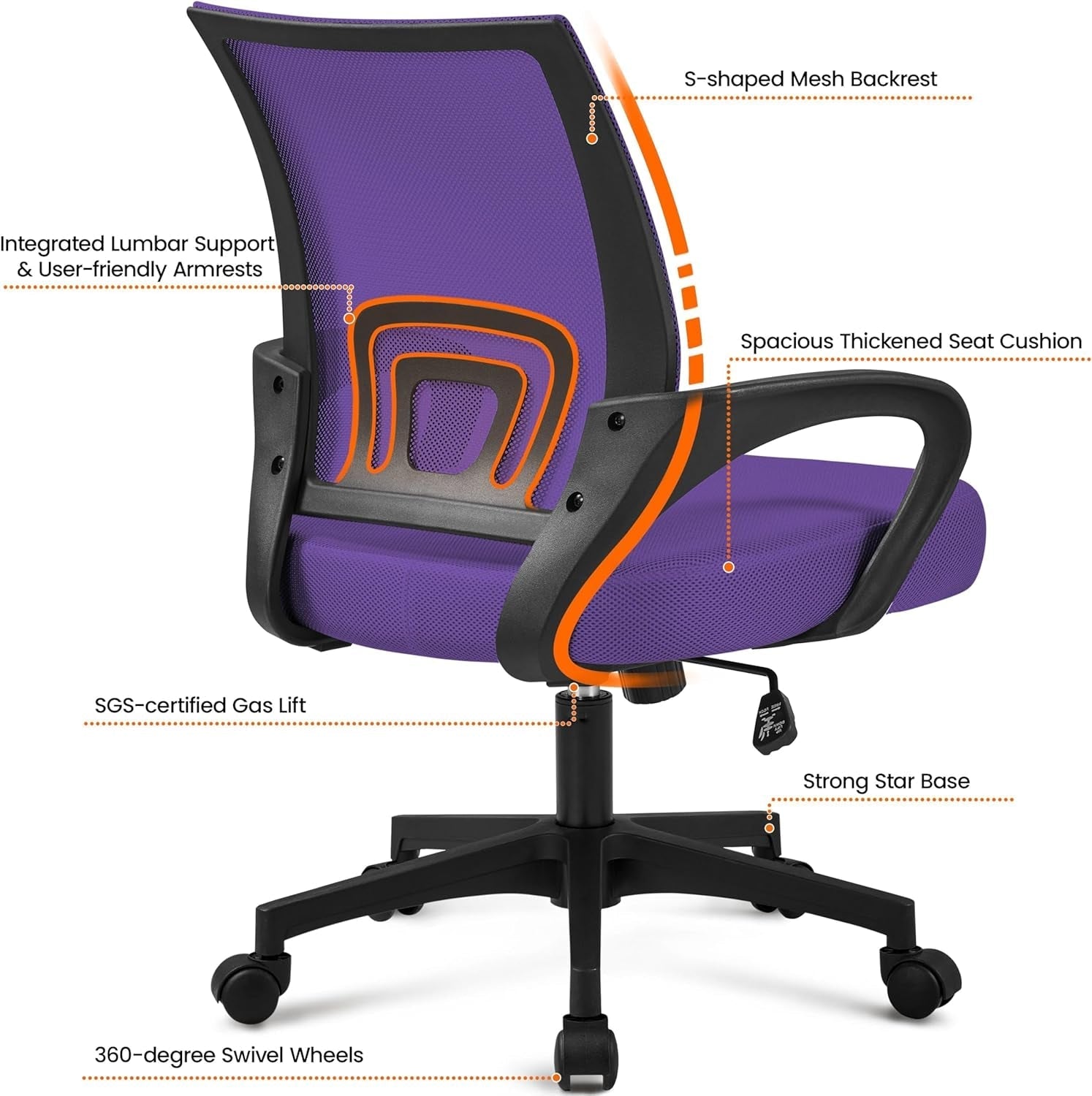 2Pcs Mesh Adjustable Desk Chairs, Ergonomic Executive Chairs with Lumbar Support for Back Pain Purple-3