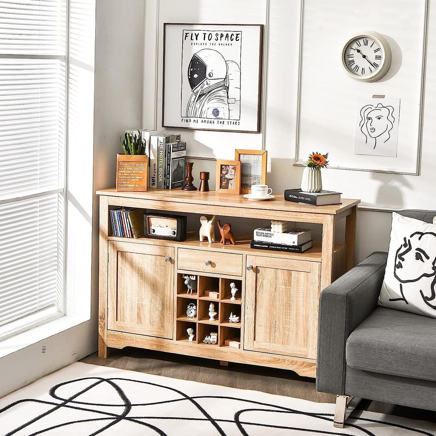 Natural Wood Dining Table Buffet Server Sideboard with Wine Storage-0