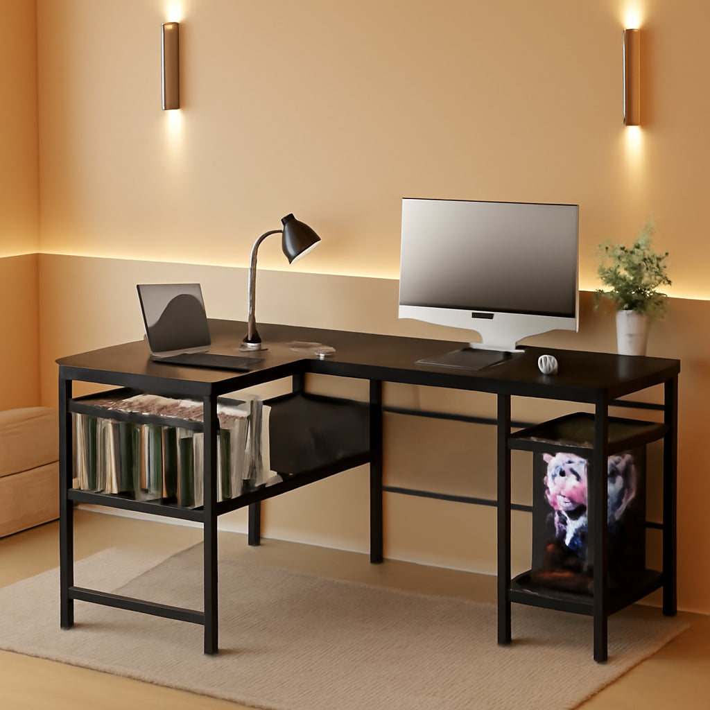 L-Shaped Desk with USB and Power Outlet, Black-0