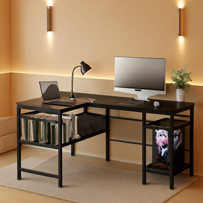 L-Shaped Desk with USB and Power Outlet, Black-0
