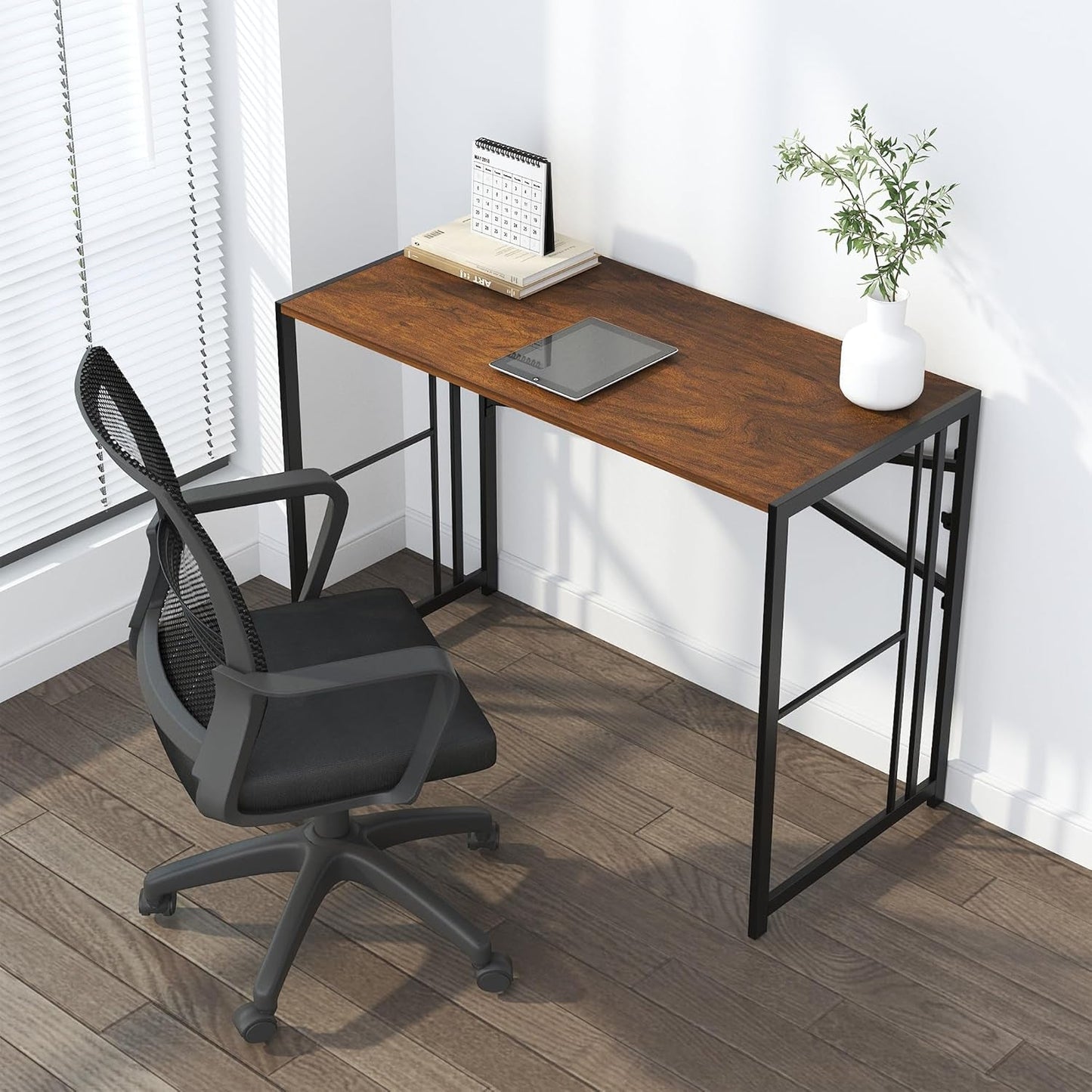 35 Inch Folding Small Desk, Writing Gaming Computer Camping Desk for Small Spaces, No Assembly Required Home Office Table, Mahogany-1