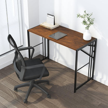 35 Inch Folding Small Desk, Writing Gaming Computer Camping Desk for Small Spaces, No Assembly Required Home Office Table, Mahogany-1
