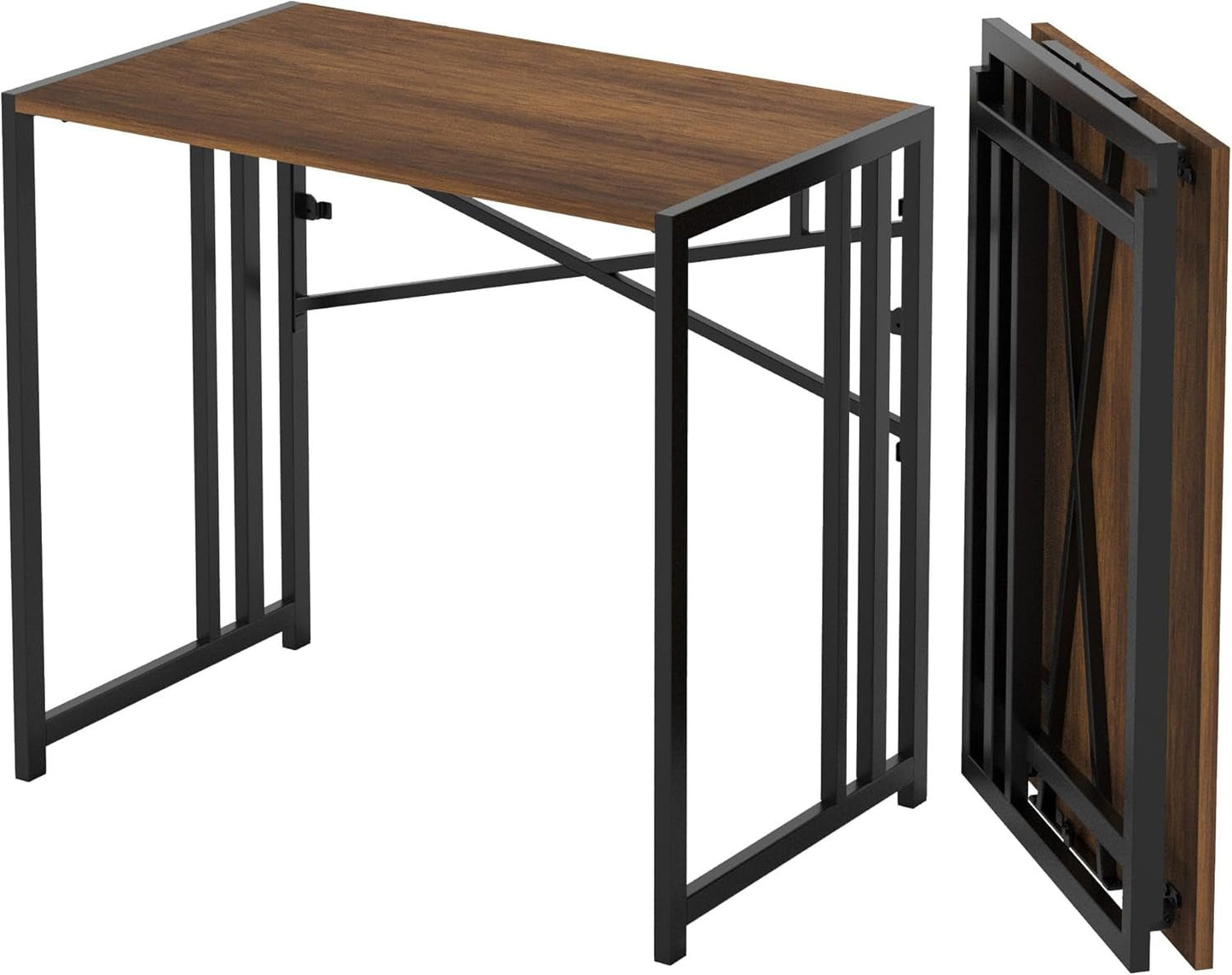 35 Inch Folding Small Desk, Writing Gaming Computer Camping Desk for Small Spaces, No Assembly Required Home Office Table, Mahogany-0