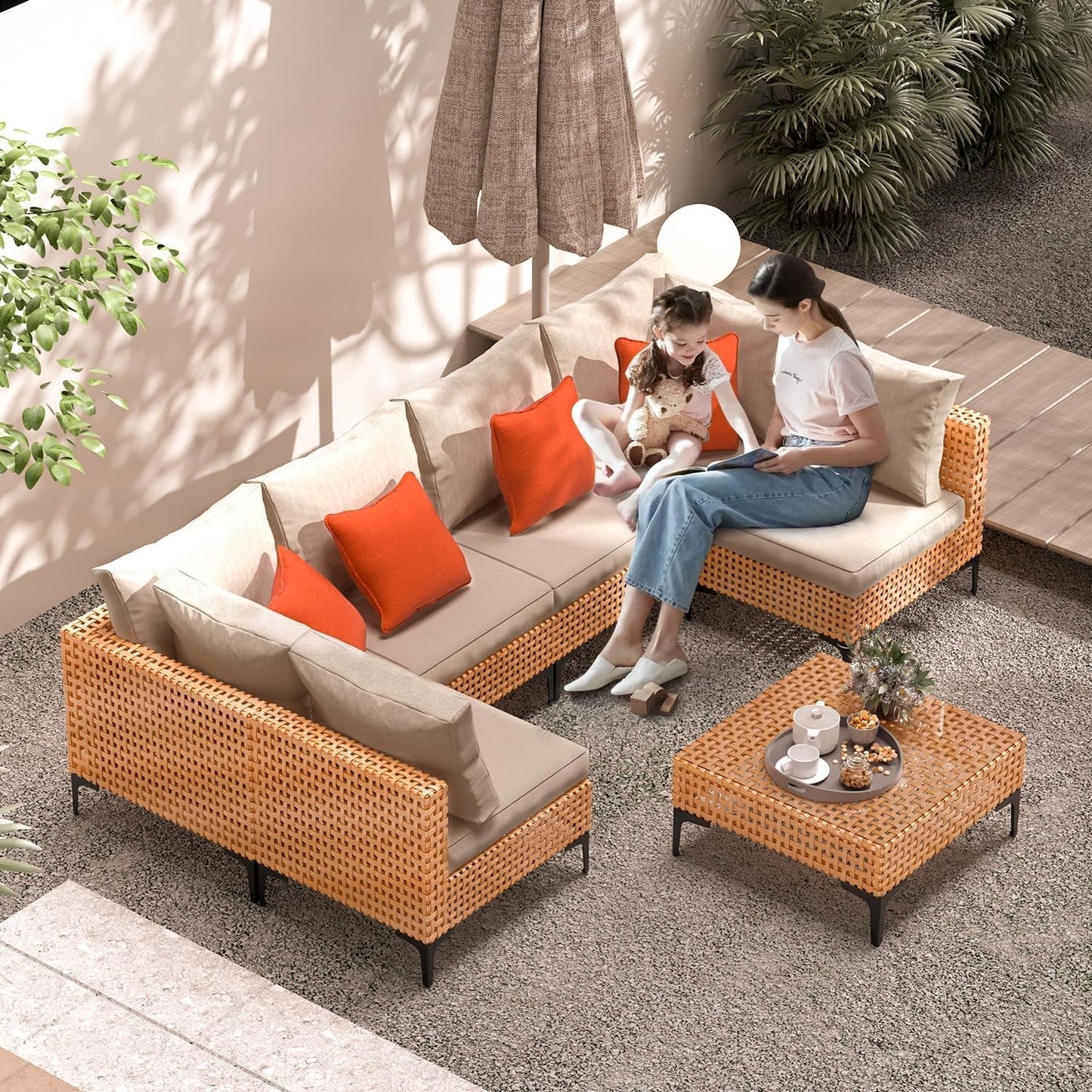 5 Piece Outdoor Patio Furniture Set Modular Outdoor Furniture Set Wicker Outdoor Sectional Sofa with Cushions Table Patio Set for Balcony Porch Deck Yard (Salmon&Orange Wicker, Sand Cushion)-1