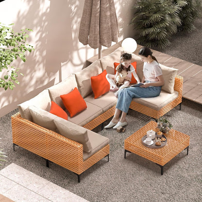 5 Piece Outdoor Patio Furniture Set Modular Outdoor Furniture Set Wicker Outdoor Sectional Sofa with Cushions Table Patio Set for Balcony Porch Deck Yard (Salmon&Orange Wicker, Sand Cushion)-1