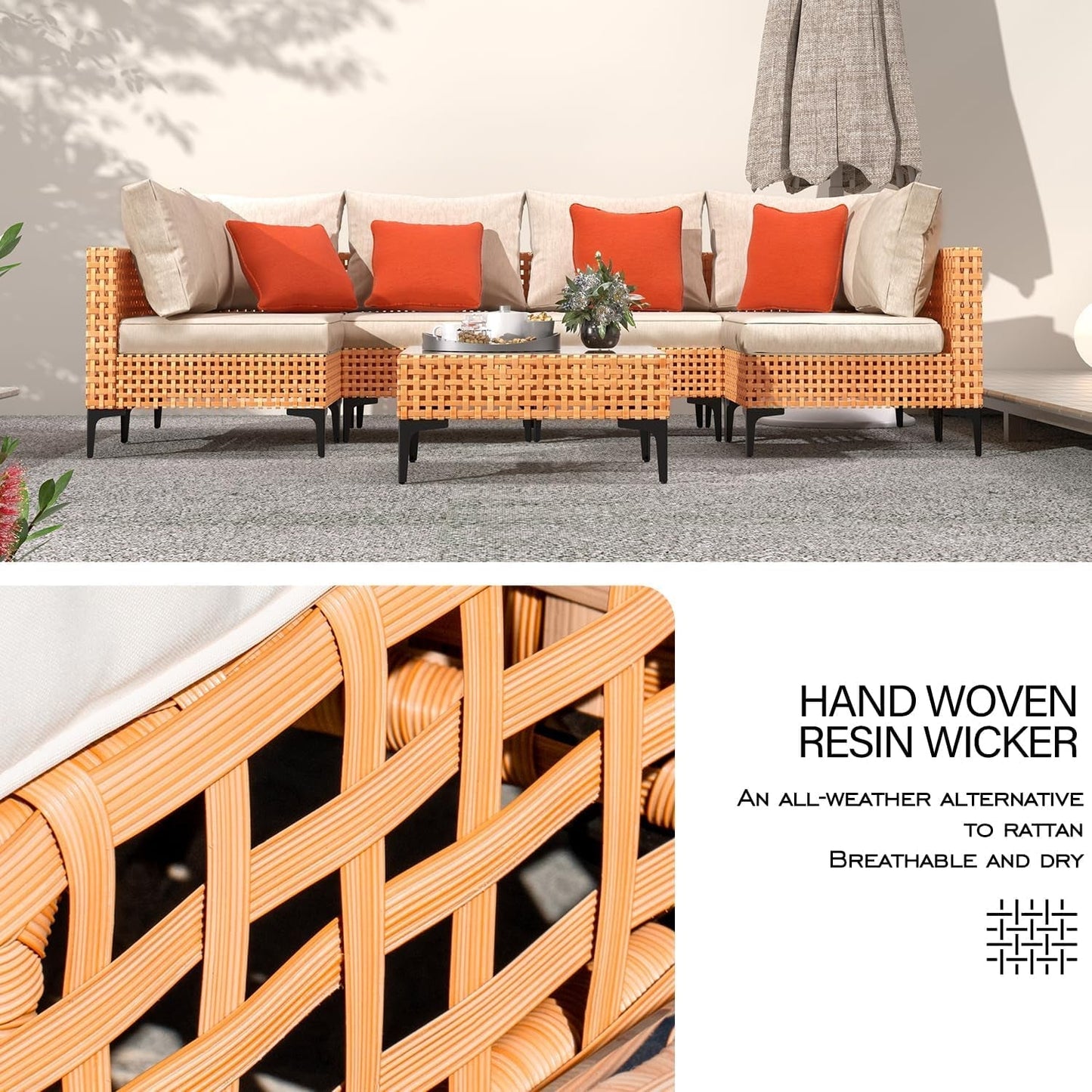 5 Piece Outdoor Patio Furniture Set Modular Outdoor Furniture Set Wicker Outdoor Sectional Sofa with Cushions Table Patio Set for Balcony Porch Deck Yard (Salmon&Orange Wicker, Sand Cushion)-3